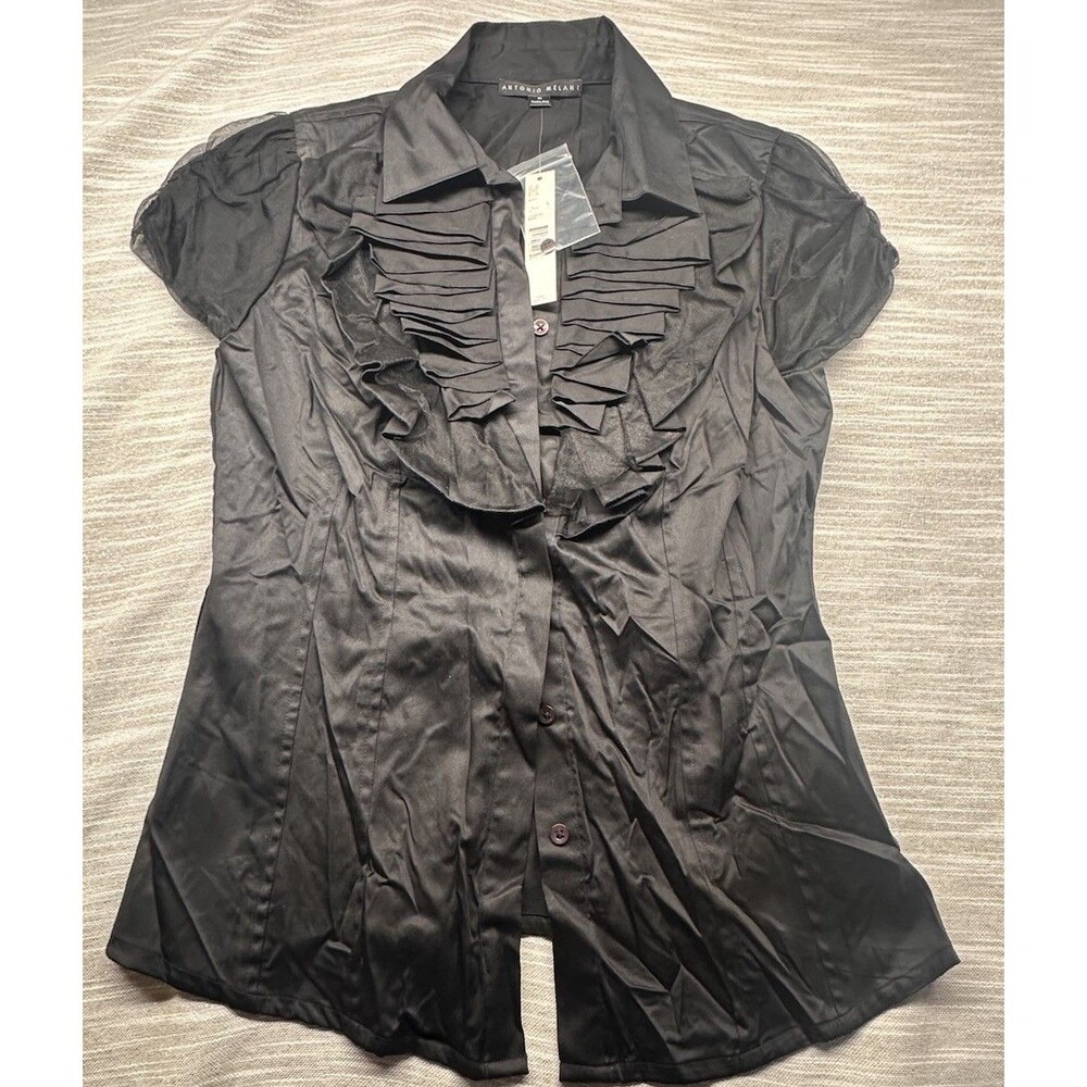 NWT Antonio Melani Size L Black Ruffle Cap Sleeve With Mesh Cotton Dressy Shirt